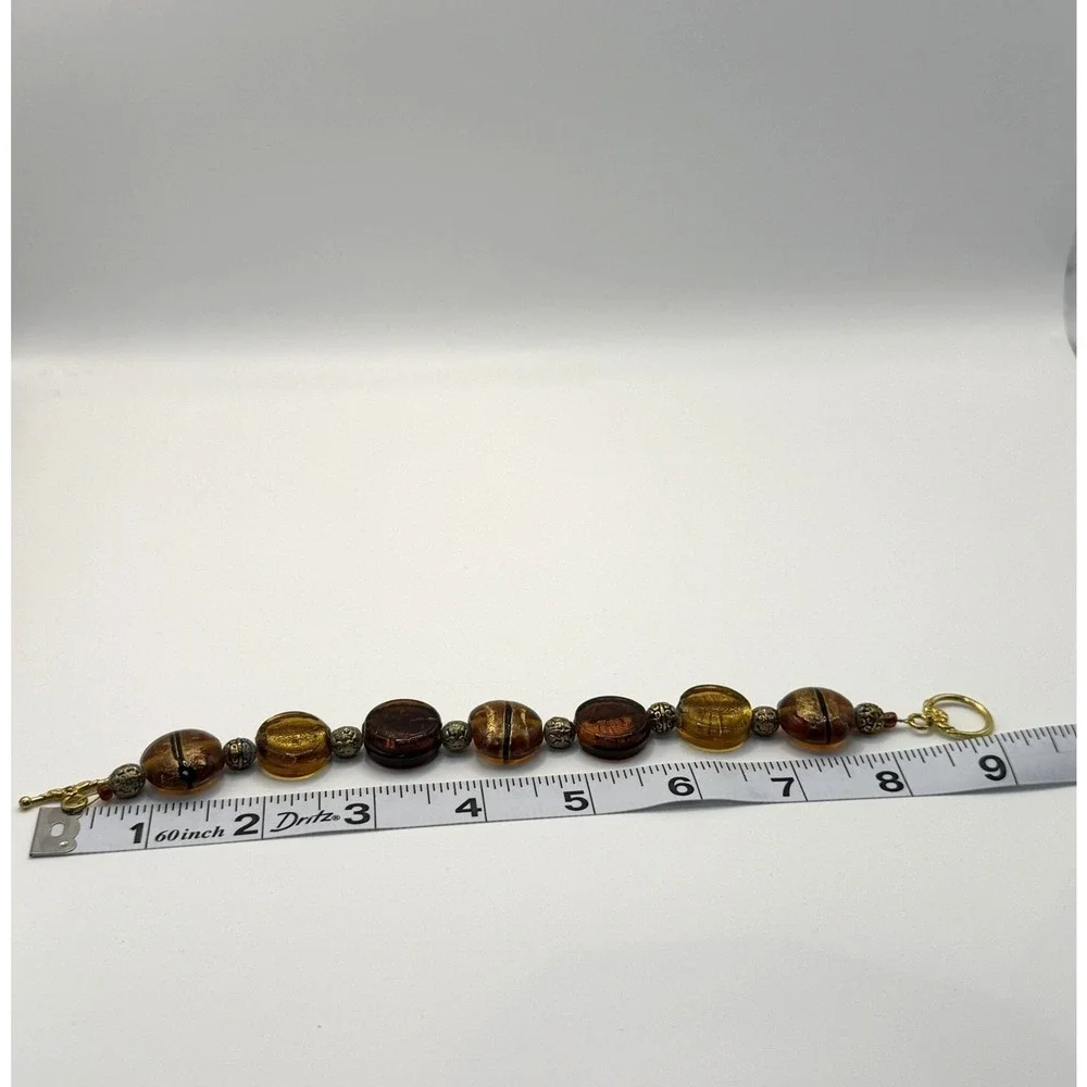 Murano Style Amber Gold Foil Art Glass Bead Bracelet Toggle Clasp Boho Statement